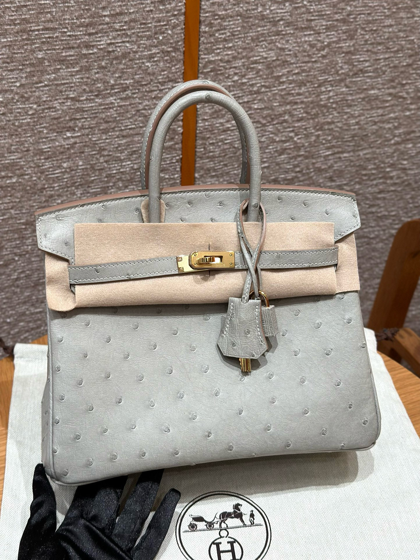 에르메스 Hermes Birkin 25cm KK ostrich 80 Gris Perle/gold