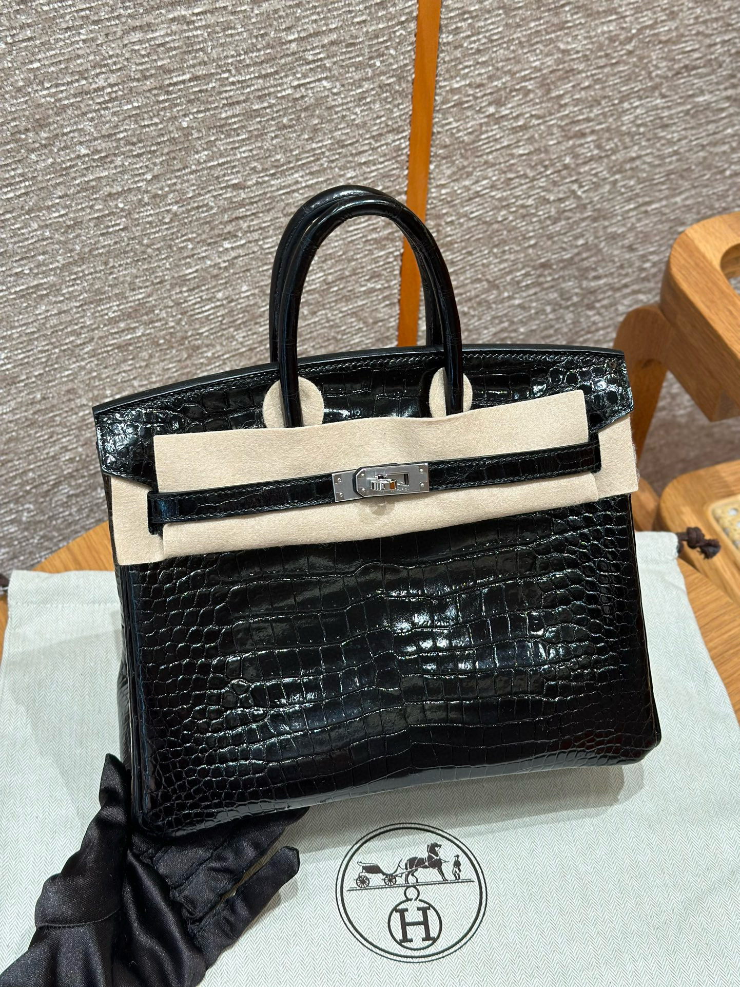 에르메스 Hermes Birkin 25cm Porosus Crocodile 89 Noir/silver