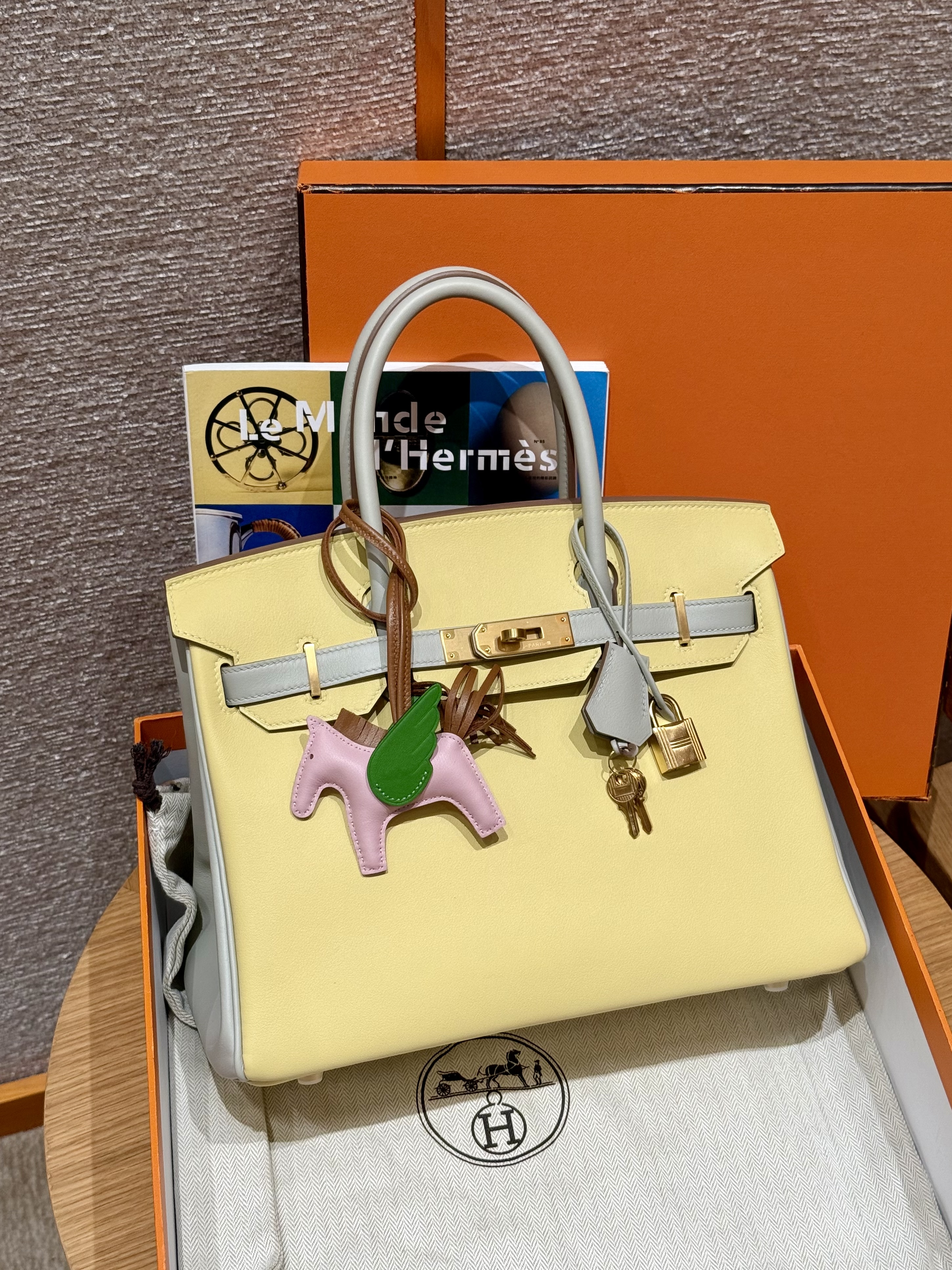 에르메스 Hermes Birkin 30cm Swift 1Z Jaune Poussin and 80 Girs Perle/gold