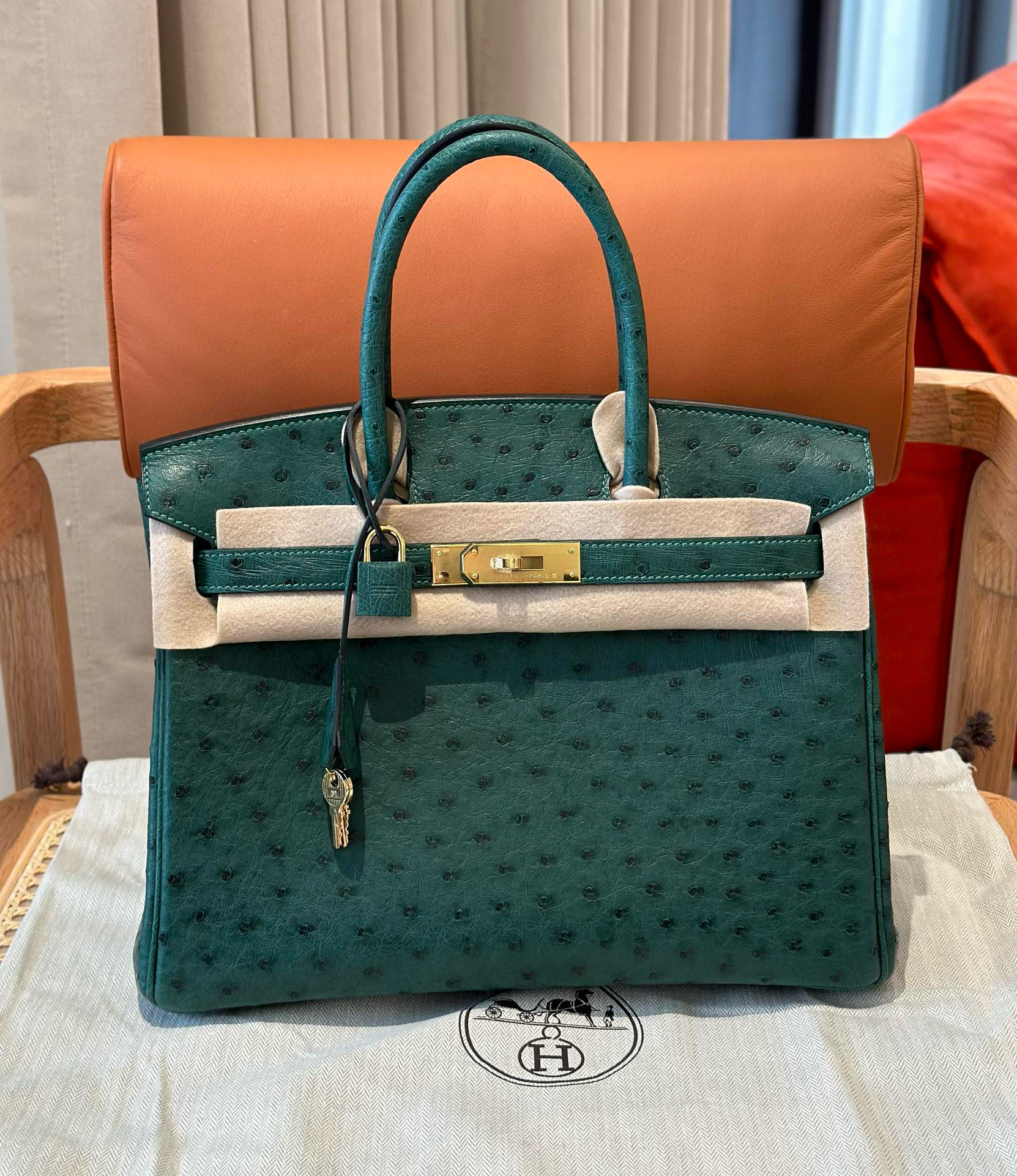 에르메스 Hermes Birkin 30cm KK ostrich Z6 Malachite/gold