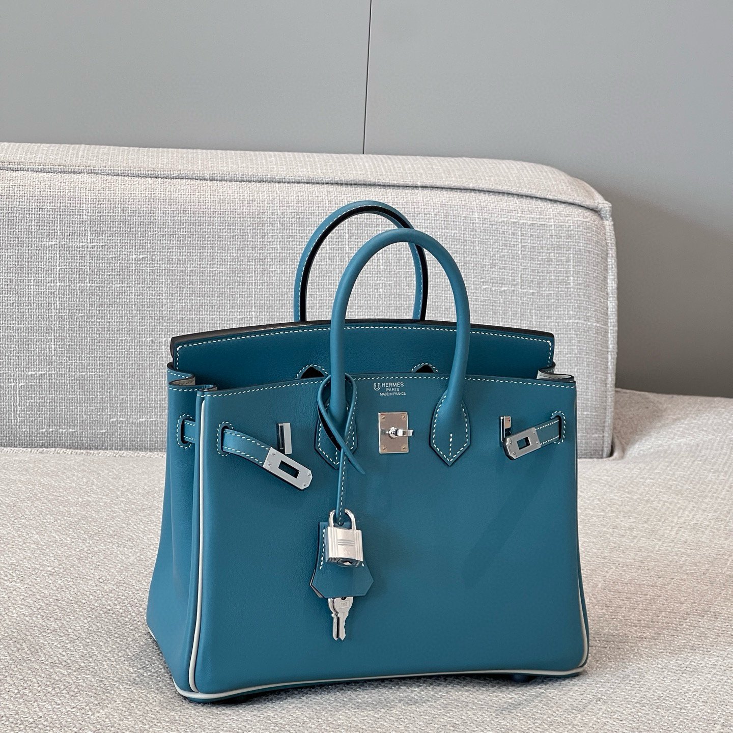 에르메스 Hermes Brikin 25cm Swift 7P Blue presse and 80 Gris perle/silver
