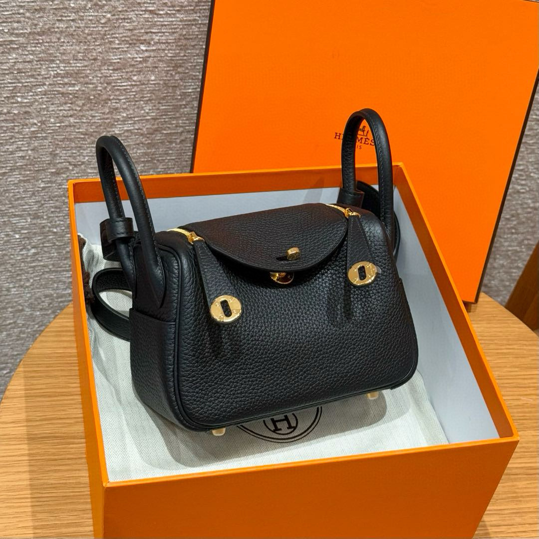 에르메스 Hermes Mini Lindy 19cm Clemence 89 noir/gold