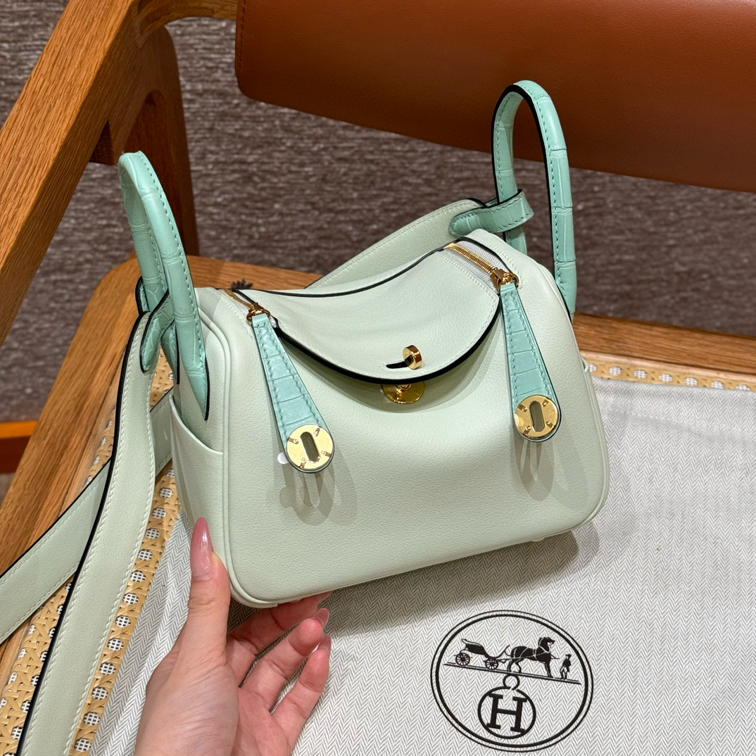 에르메스 Hermes Mini Lindy 19cm Swift OZ Vert Fizz and 6W Menthe/gold