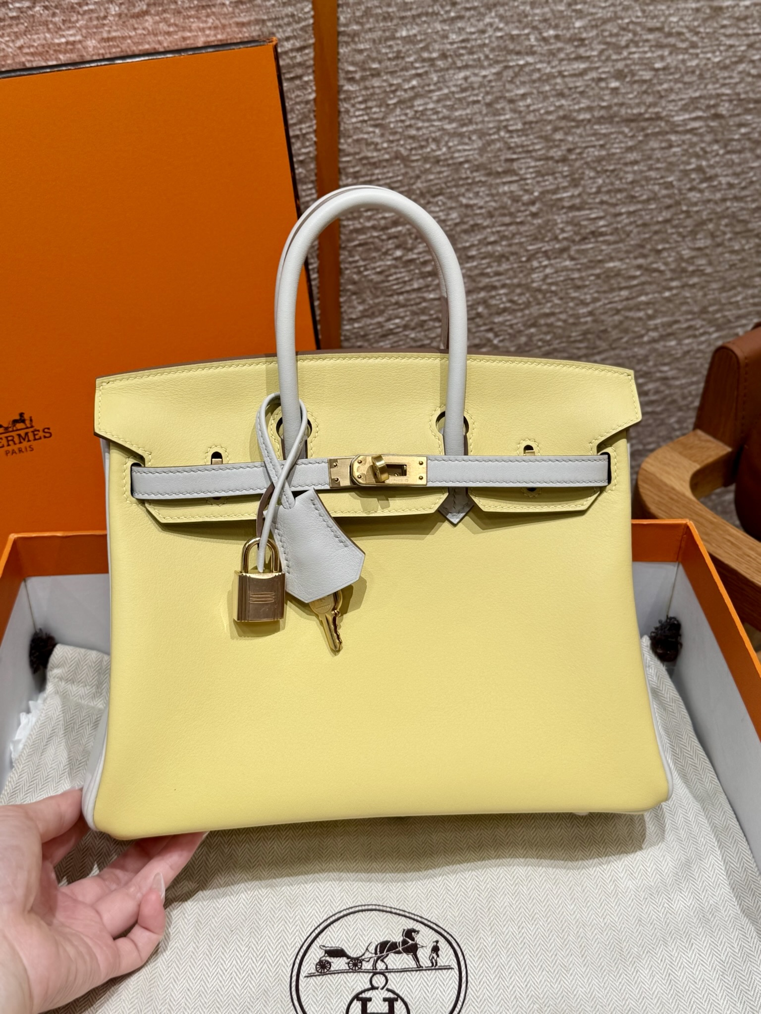 에르메스 Hermes Birkin 25cm Togo 1Z Jaune Poussin and 80 Girs Perle/gold