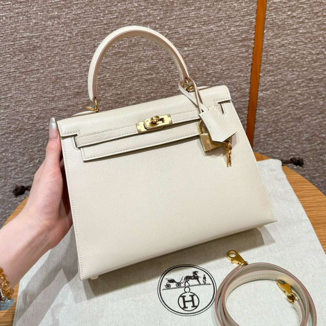 에르메스 Hermes Kelly 25cm Chèvre 10 Craie/gold