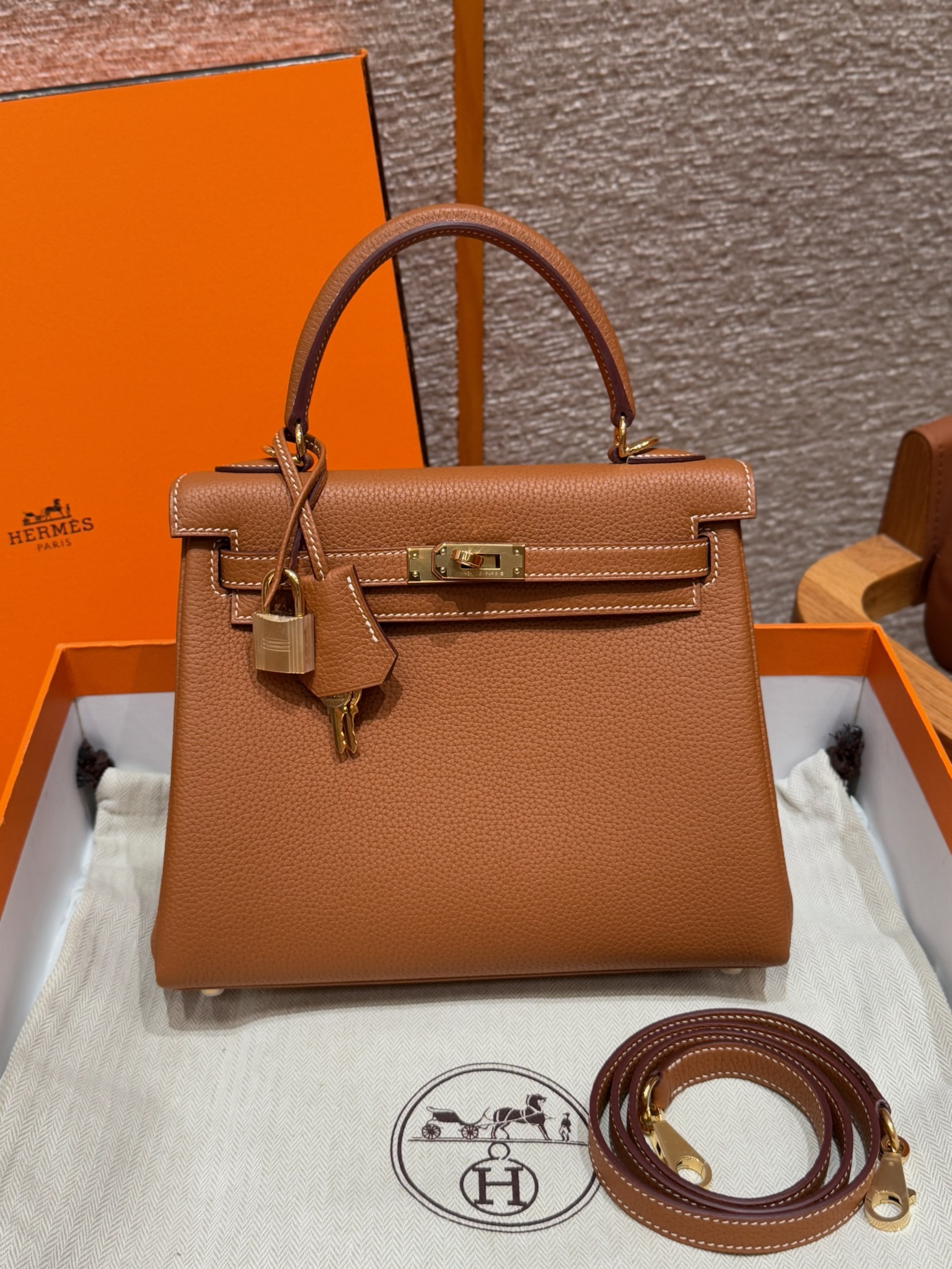 에르메스 Hermes Kelly 25cm Togo 1H Toffee/gold
