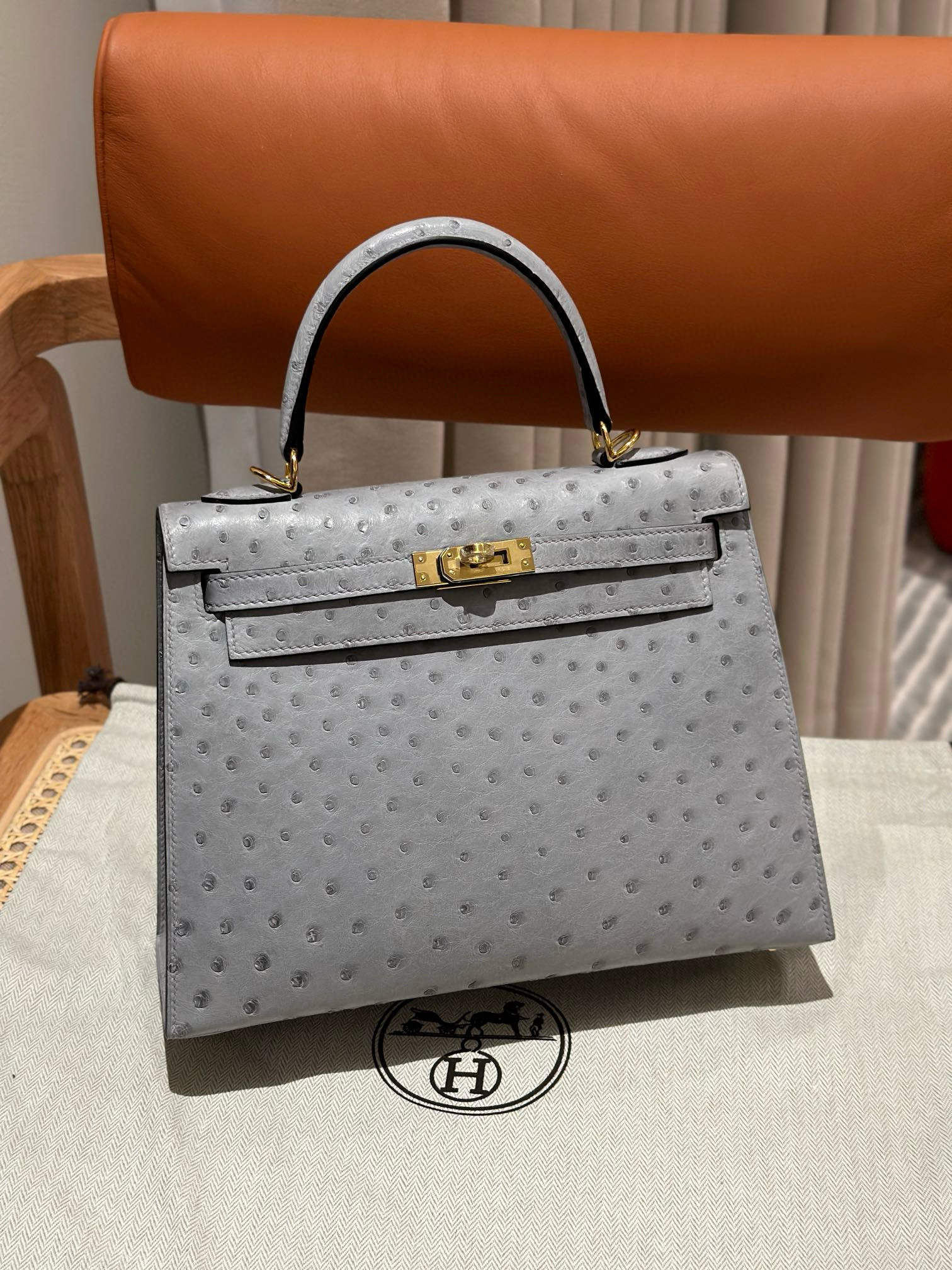 에르메스 Hermes Kelly 25cm KK ostrich 8U Blue glacier/gold