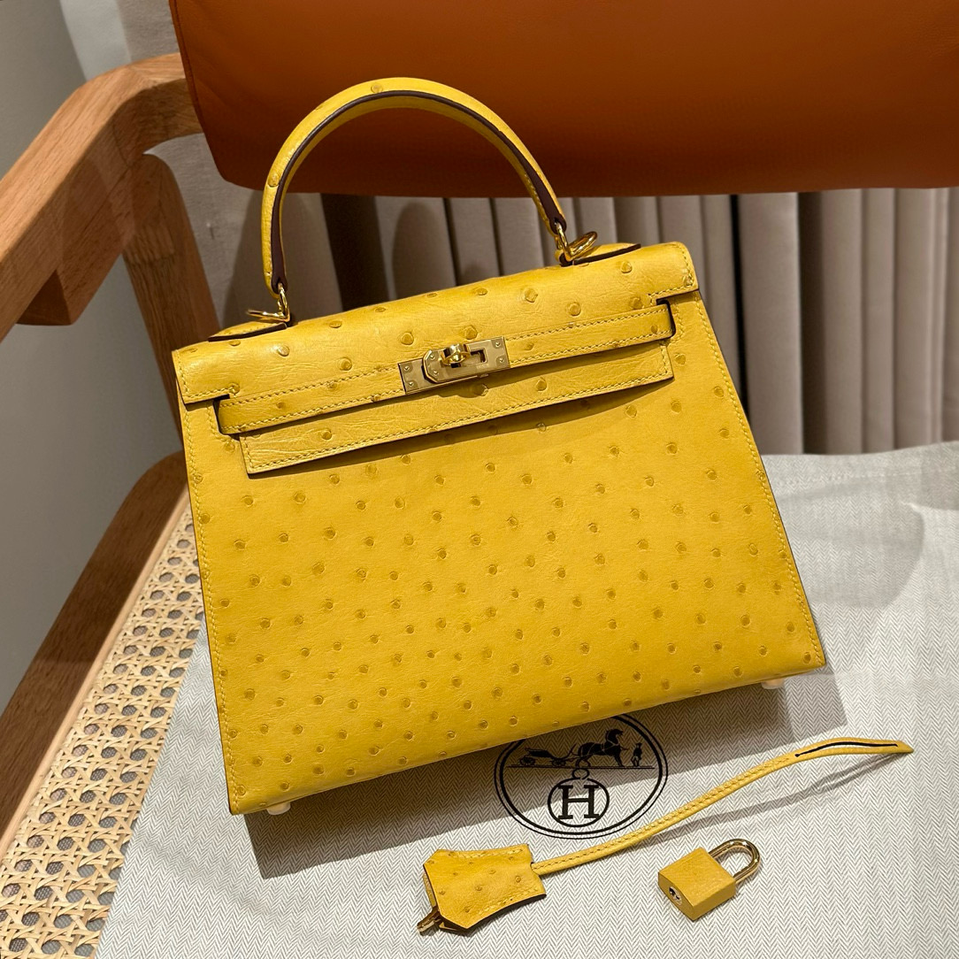 에르메스 Hermes Kelly 25cm KK ostrich 9O Jaune de Naples/gold