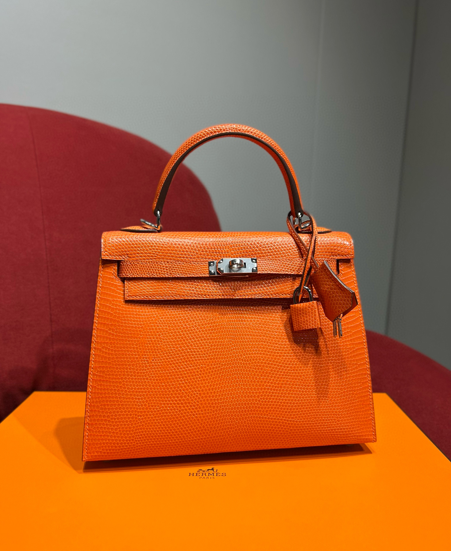 에르메스 Hermes Kelly 25cm Lizard 93 Orange/silver