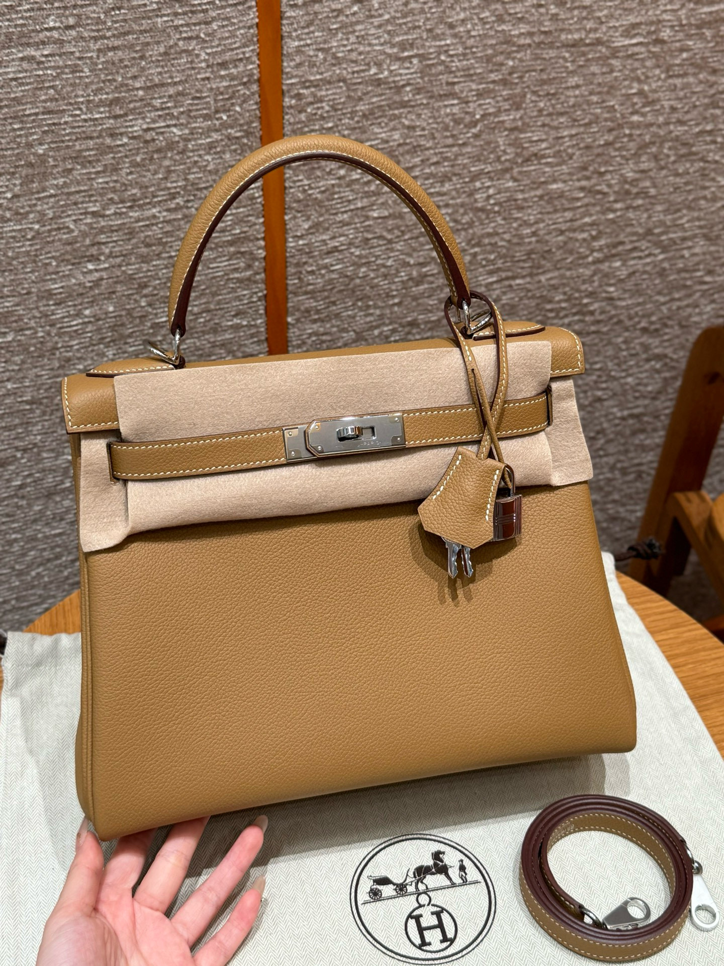 에르메스 Hermes Kelly 28cm Evercolor 28 Caramel and K4 Rose Ete/silver