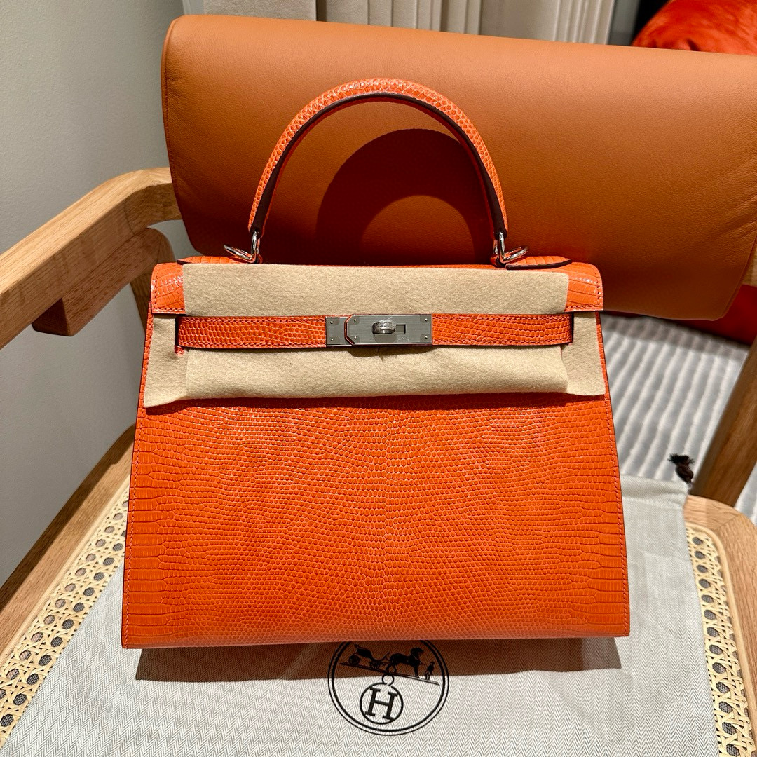 에르메스 Hermes Kelly 28cm Lizard 93 Orange/silver