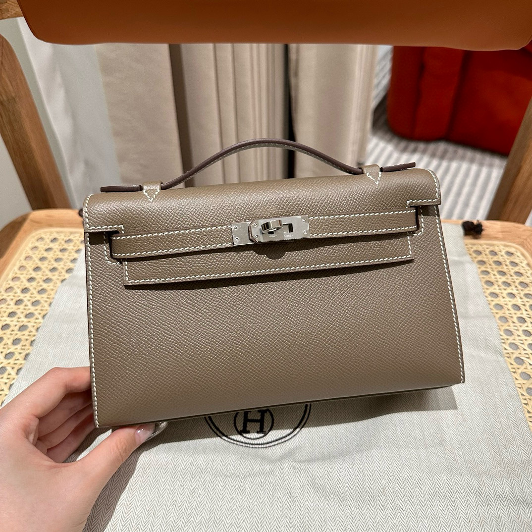 에르메스 Hermes Kelly Pochette 22cm Epsom 18 Etoupe/silver