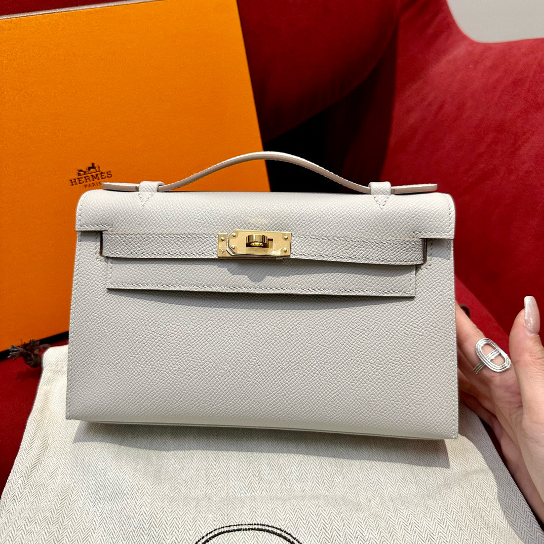 에르메스 Hermes Kelly Pochette 22cm Epsom 80 Gris perle/gold