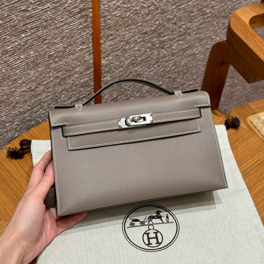 에르메스 Hermes Kelly Pochette 22cm Epsom M8 Gris Asphalte/silver