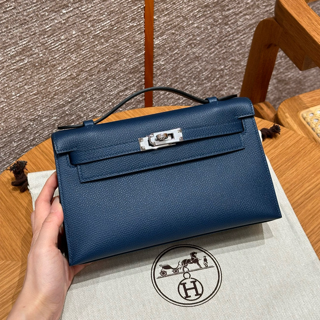에르메스 Hermes Kelly Pochette 22cm Epsom S4 Deep blue/silver