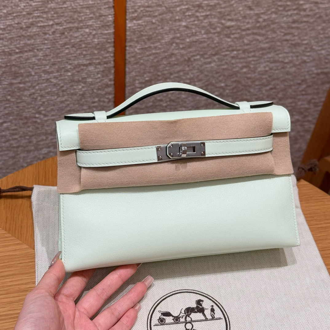 에르메스 Hermes Kelly Pochette 22cm Swift 0S Vert Fizz/silver