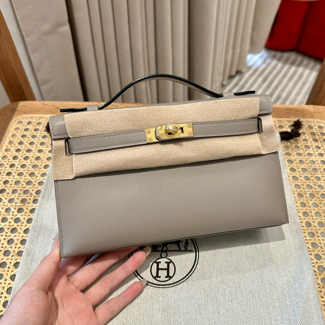 에르메스 Hermes Kelly Pochette 22cm Swift M8 Gris Asphalte/gold