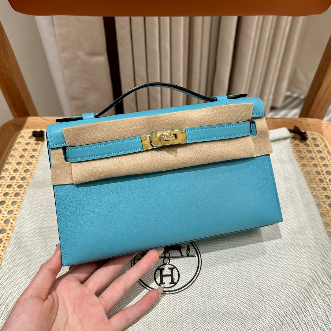 에르메스 Hermes Kelly Pochette 22cm Swift P3 Blue De Nord/gold