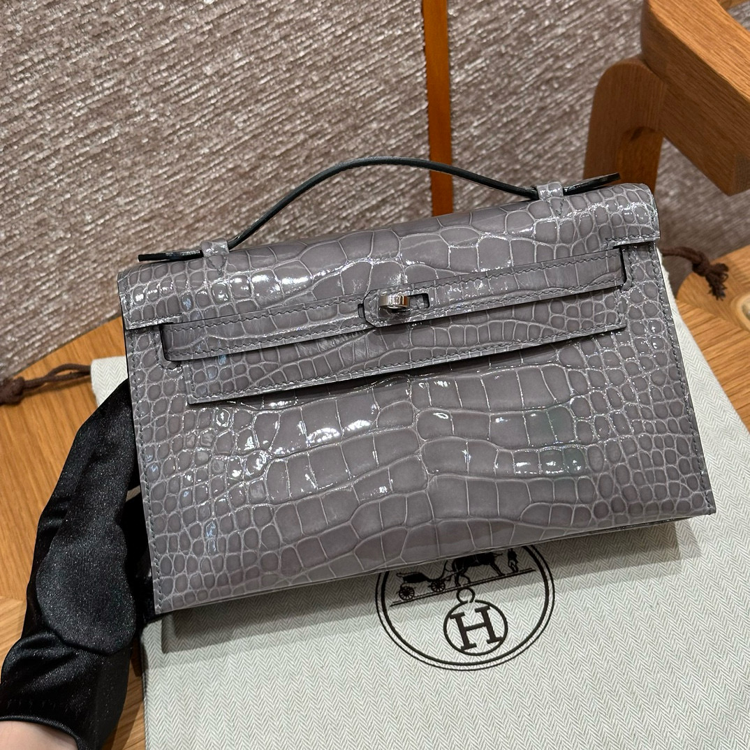 에르메스 Hermes Kelly Pochette 22cm Alligator 0W Gris neve/silver