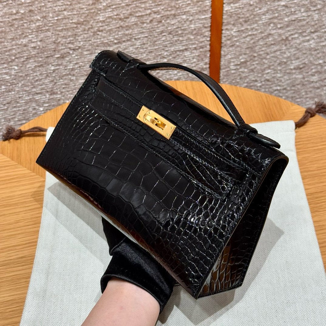 에르메스 Hermes Kelly Pochette 22cm Alligator 89 Noir/gold