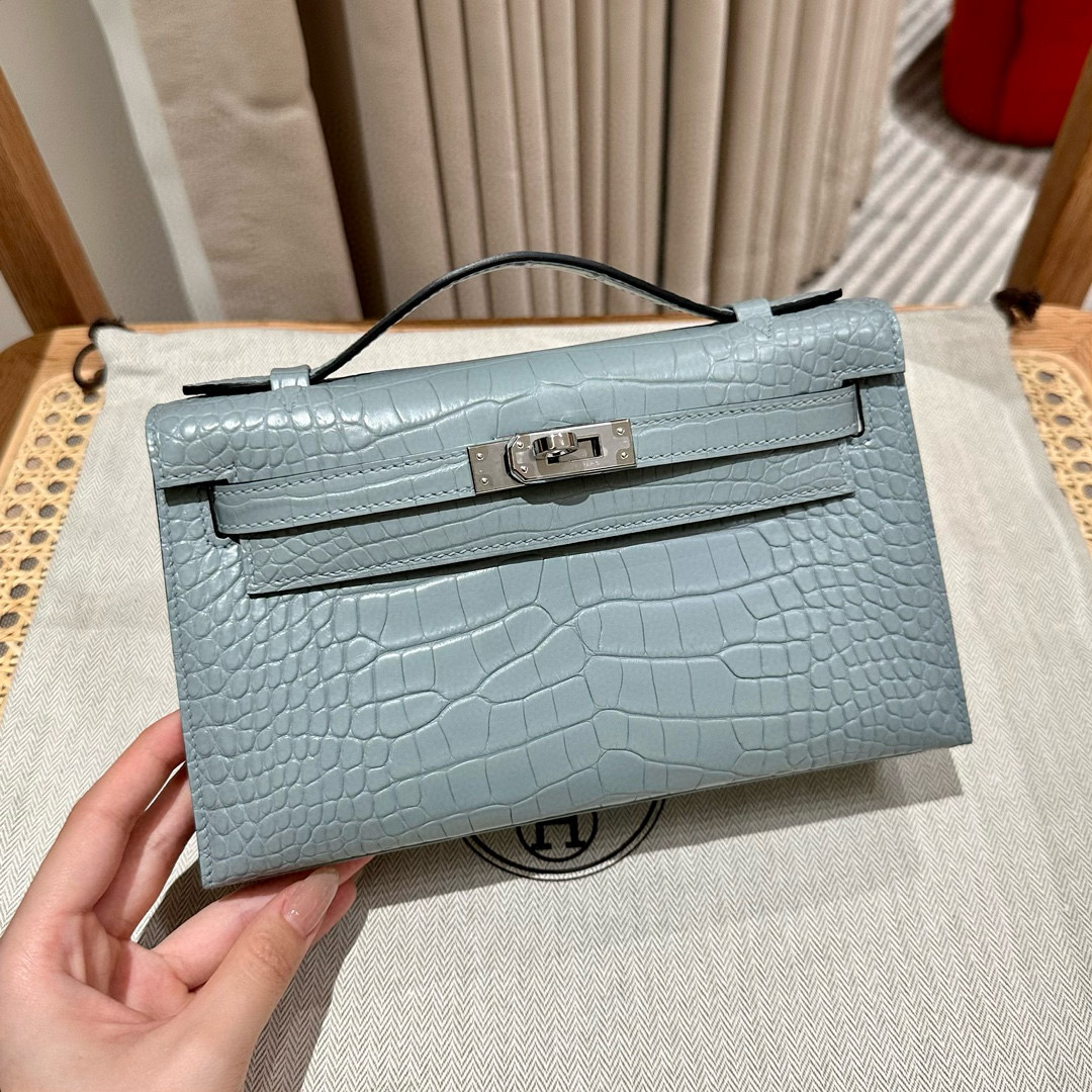 에르메스 Hermes Kelly Pochette 22cm Alligator J7 Blue lin/silver
