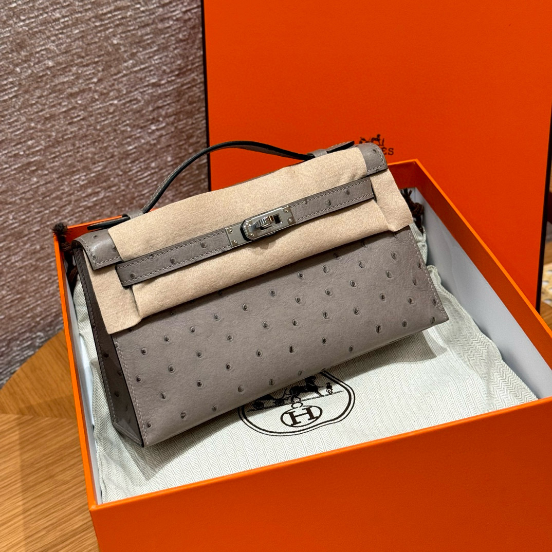 에르메스 Hermes Kelly Pochette 22cm KK ostrich 81 Gris tourterlle/silver