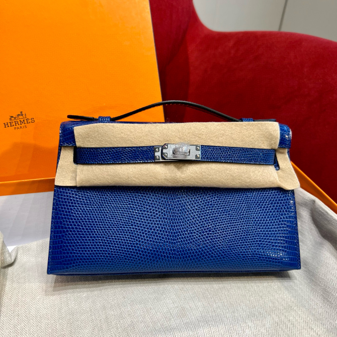 에르메스 Hermes Kelly Pochette 22cm Lizard 7T Blue electric/silver