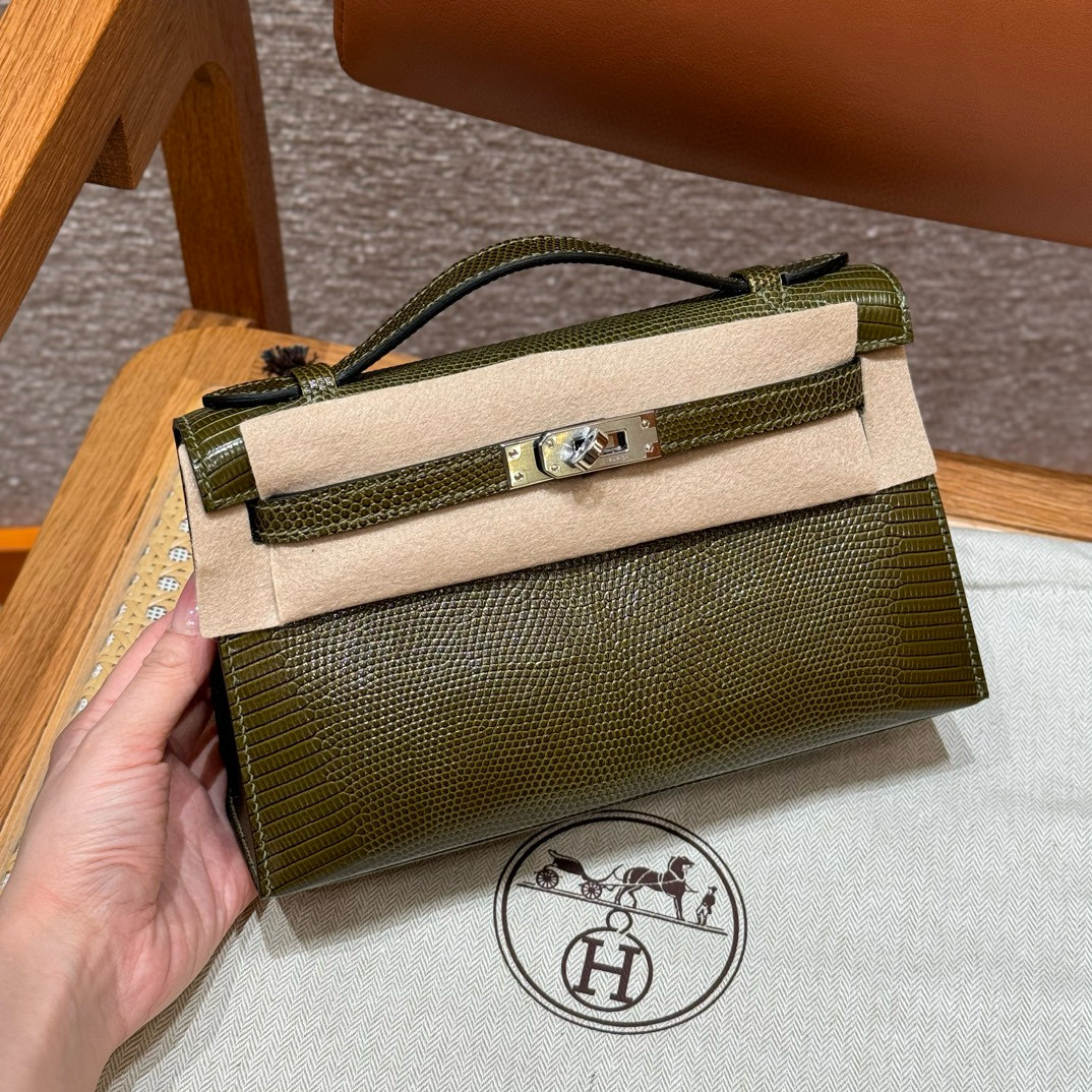 에르메스 Hermes Kelly Pochette 22cm Lizard 61 Olive Green/silver