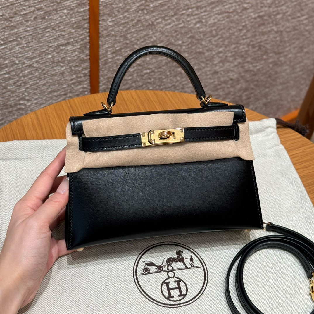 에르메스 Hermes Mini Kelly 19cm Box 89 Noir and 36 Brique/gold