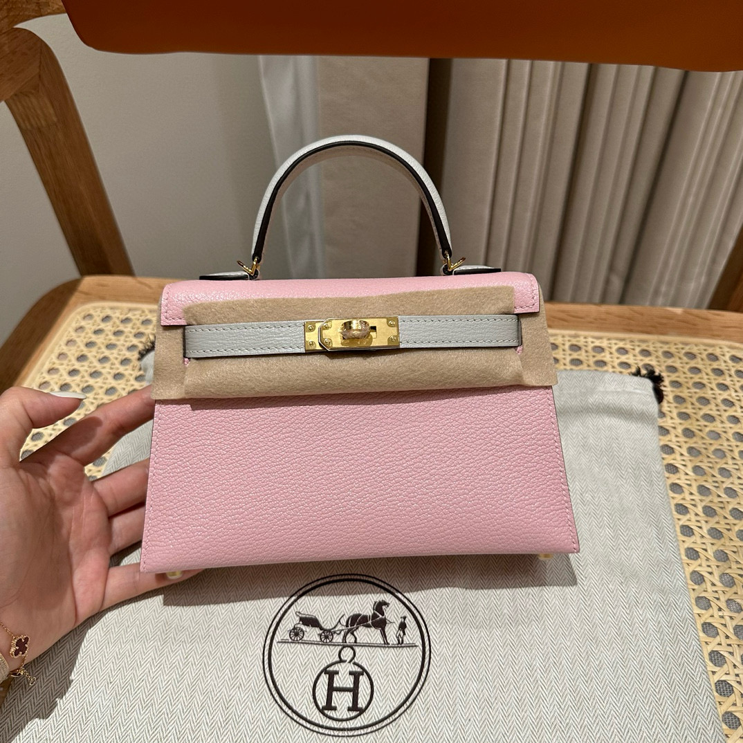 에르메스 Hermes Mini Kelly 19cm Chèvre 3Q Rose Sakura and 80 Gris perle/gold