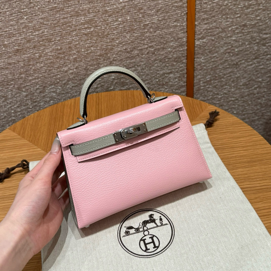 에르메스 Hermes Mini Kelly 19cm Chèvre 3Q Rose Sakura and 80 Gris perle/silver