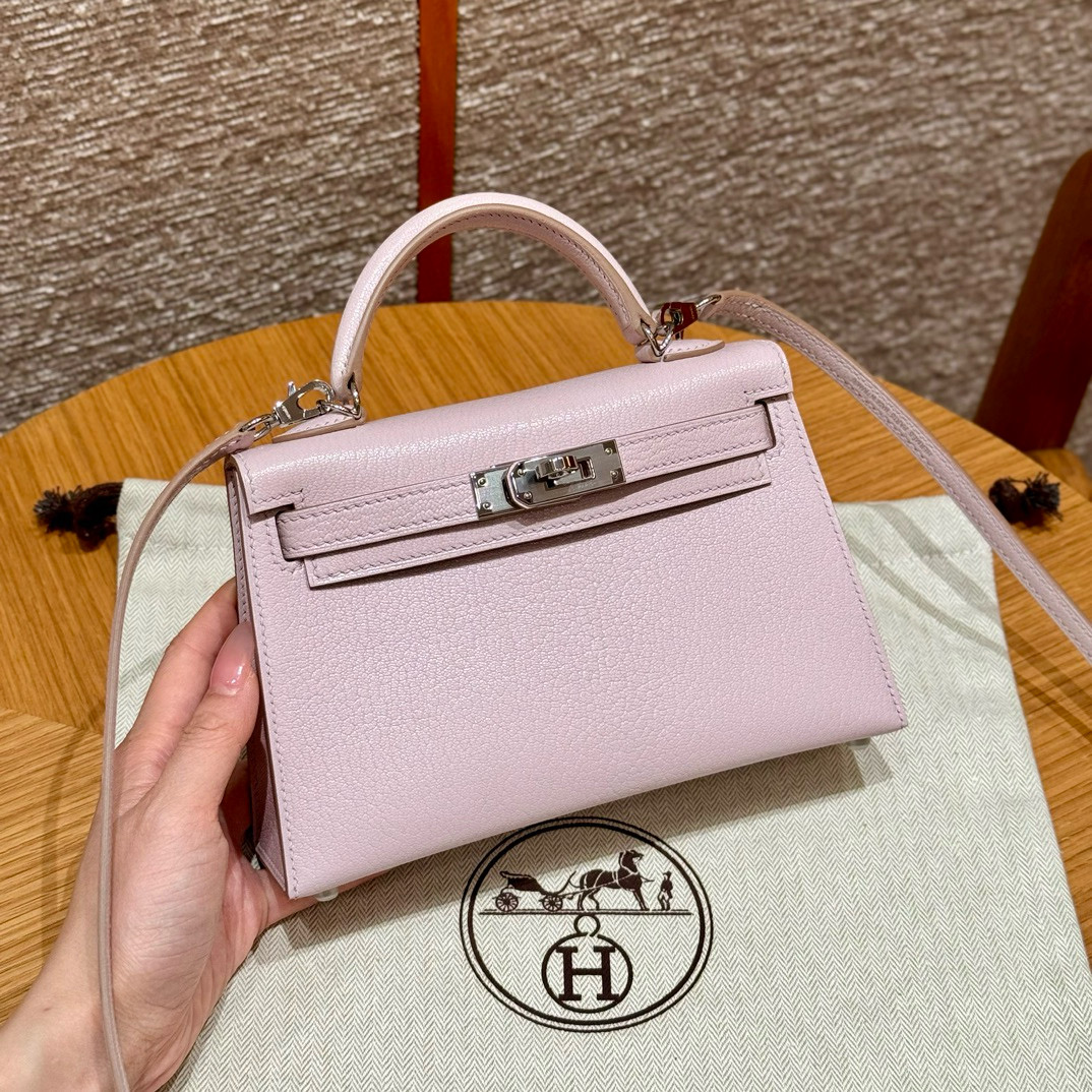 에르메스 Hermes Mini Kelly 19cm Chèvre 09 Mauve pale/silver