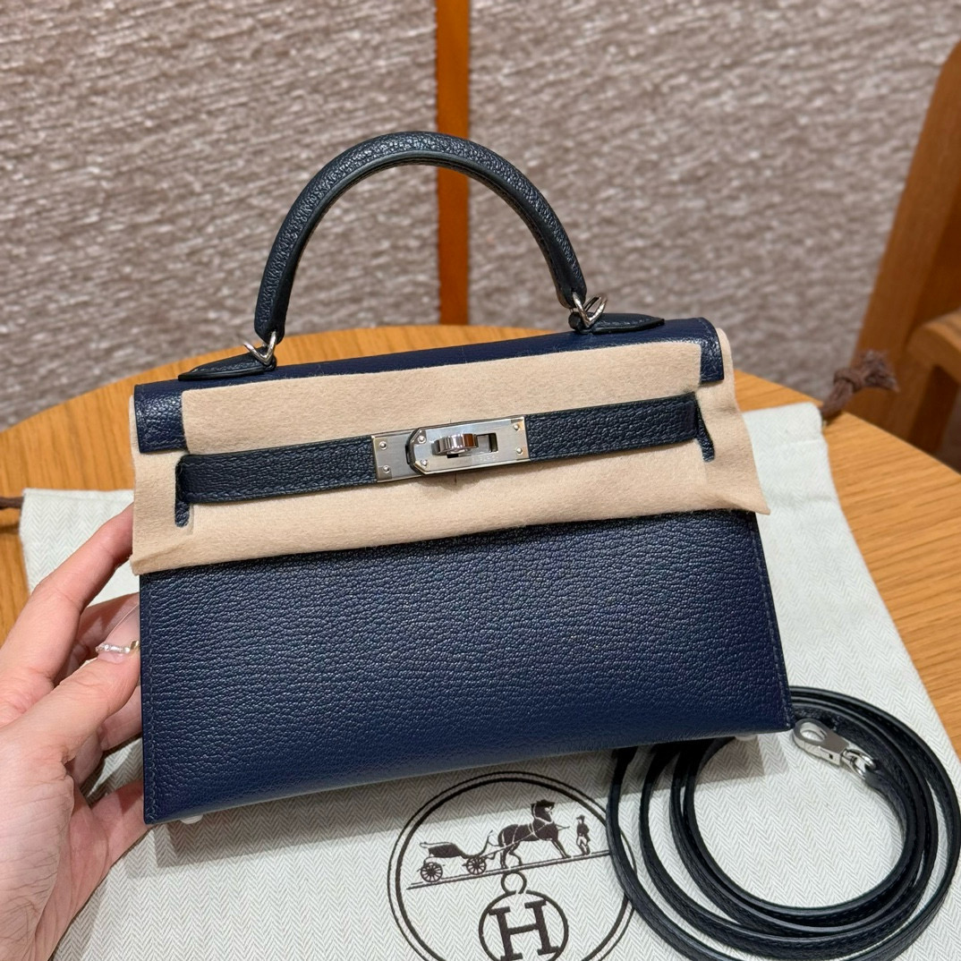 에르메스 Hermes Mini Kelly 19cm Chèvre 76 Blue indigo and M3 Blue encer/silver