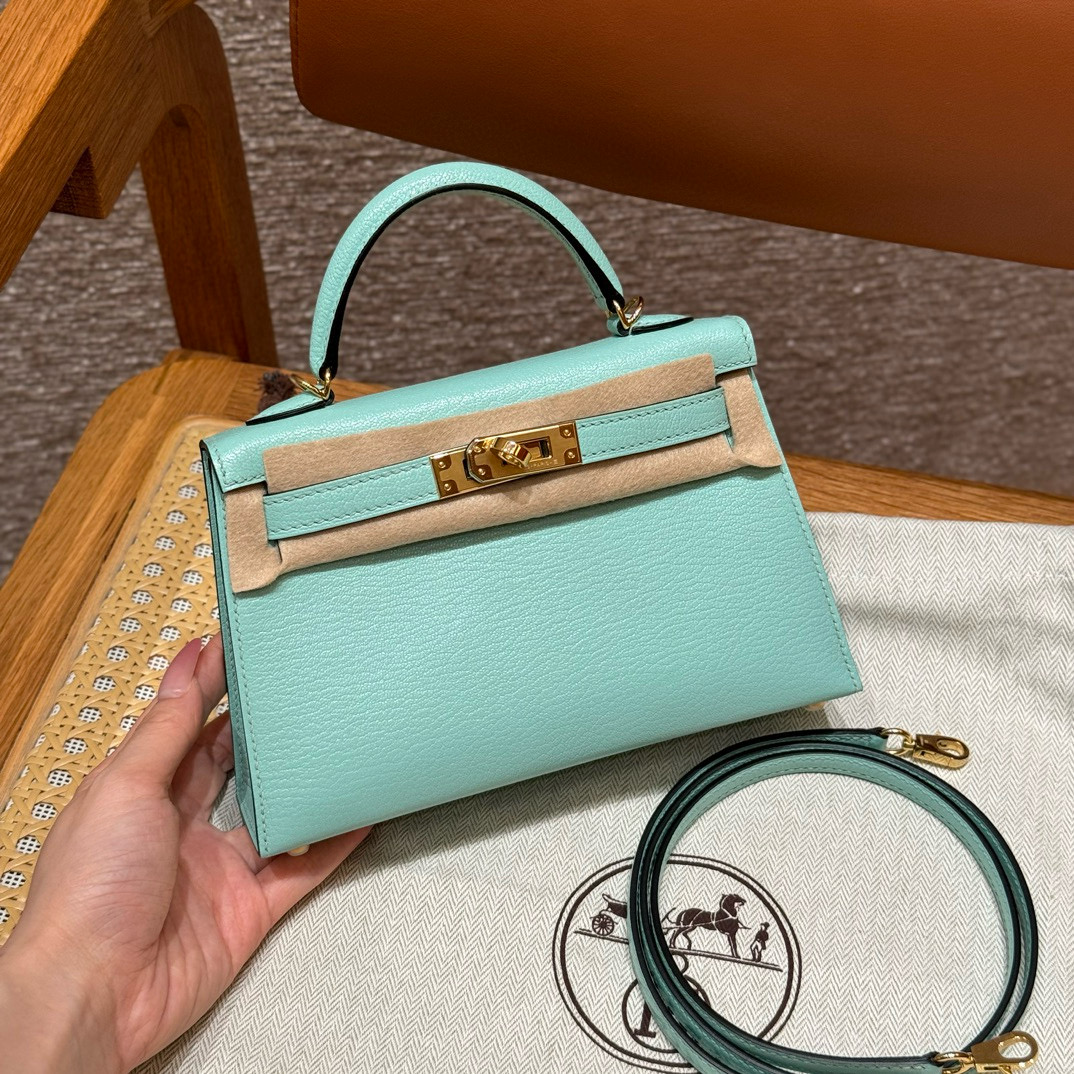 에르메스 Hermes Mini Kelly 19cm Chèvre 79 Aqua/gold