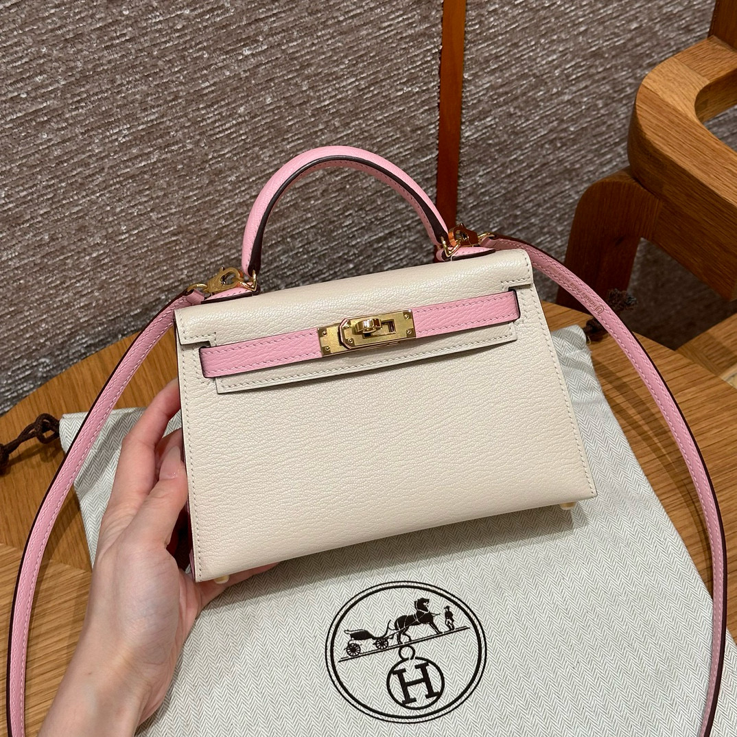 에르메스 Hermes Mini Kelly 19cm Chèvre i2 Nata and 3Q Rose Sakura/gold