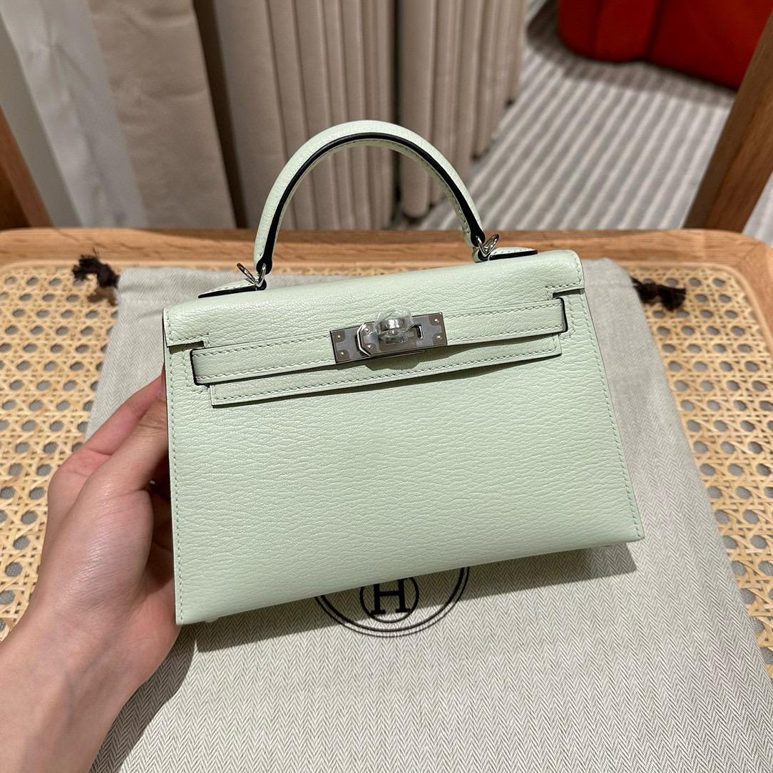 에르메스 Hermes Mini Kelly 19cm Chèvre OZ Vert Fizz/silver