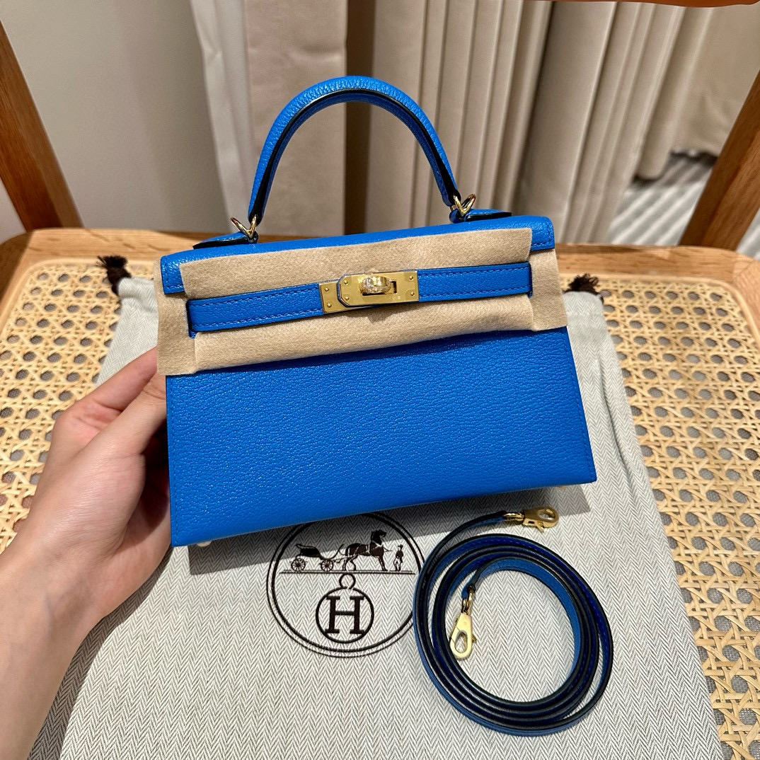 에르메스 Hermes Mini Kelly 19cm Chèvre T7 Blue Hydra/gold
