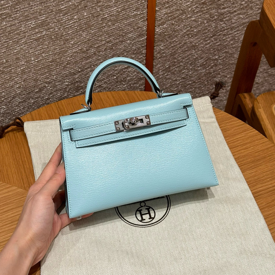 에르메스 Hermes Mini Kelly 19cm Chèvre U2 Blue zephyz/silver