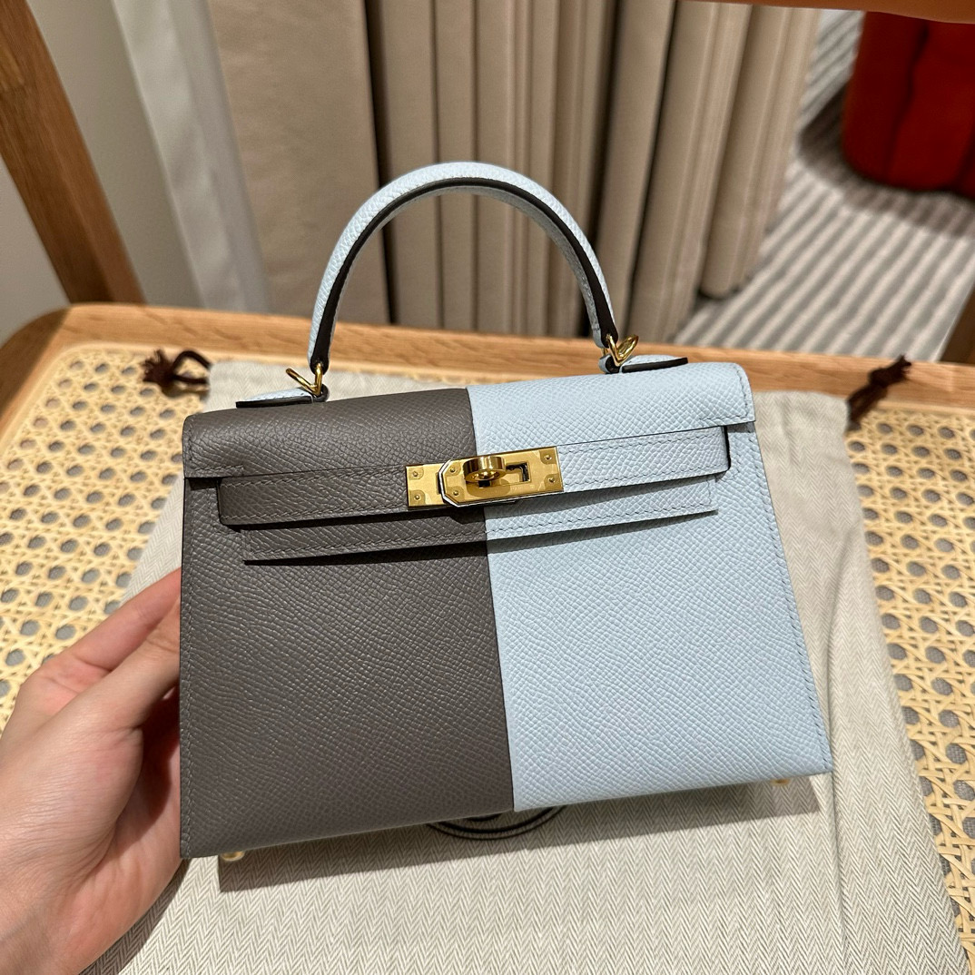에르메스 Hermes Mini Kelly 19cm Epsom 0L Gris Meyer and 08 Blue Pale/gold