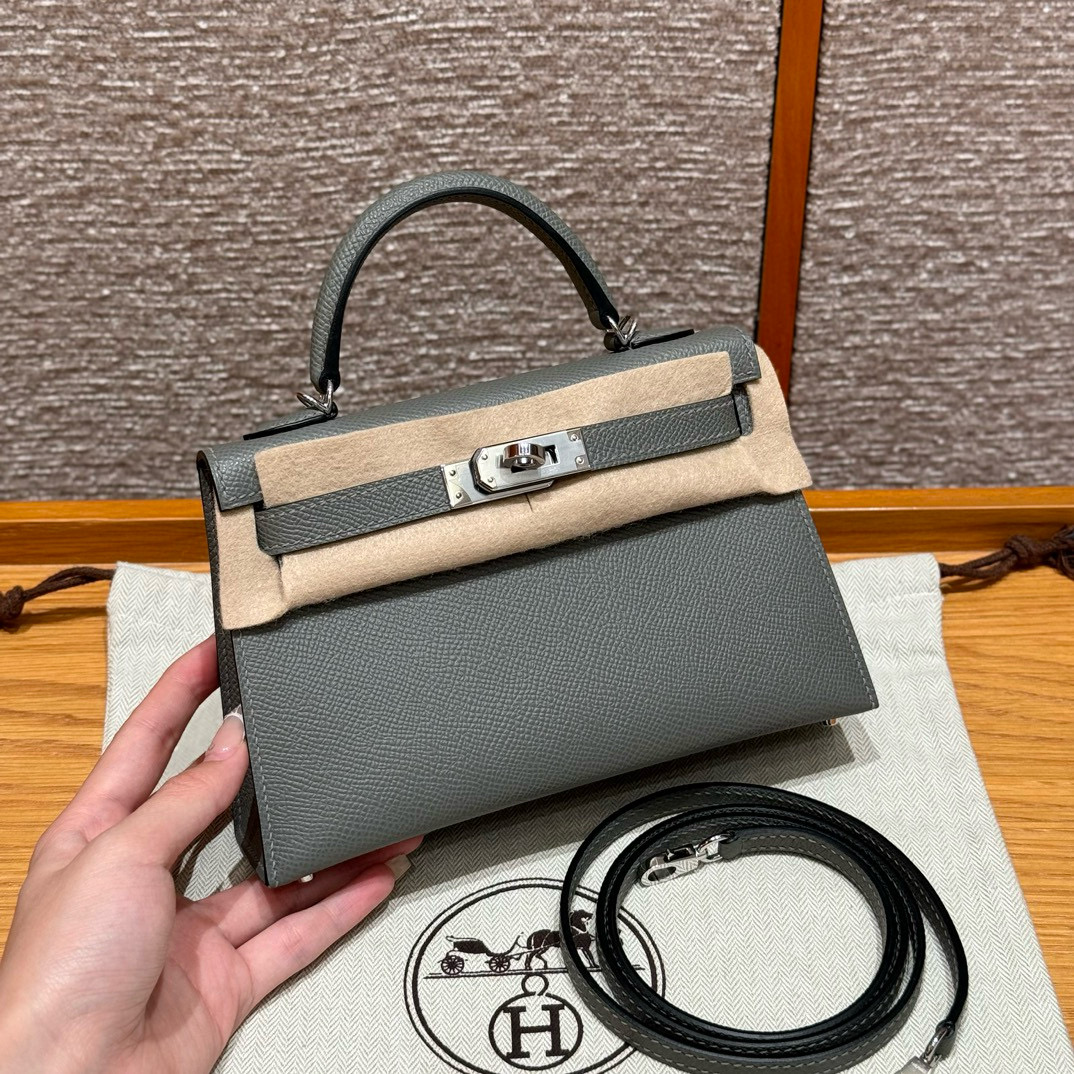 에르메스 Hermes Mini Kelly 19cm Epsom 0L Gris Meyer/silver