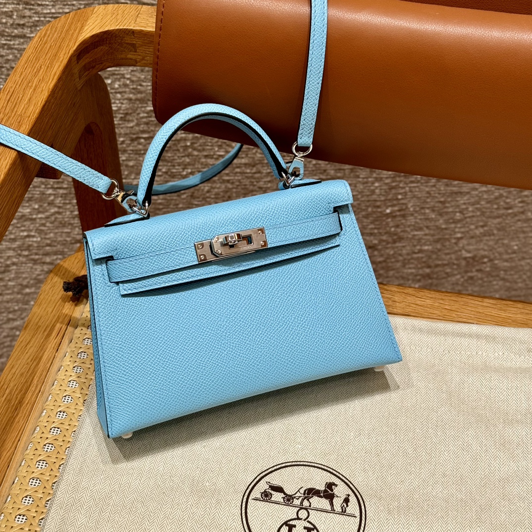 에르메스 Hermes Mini Kelly 19cm Epsom 7N Celeste/silver