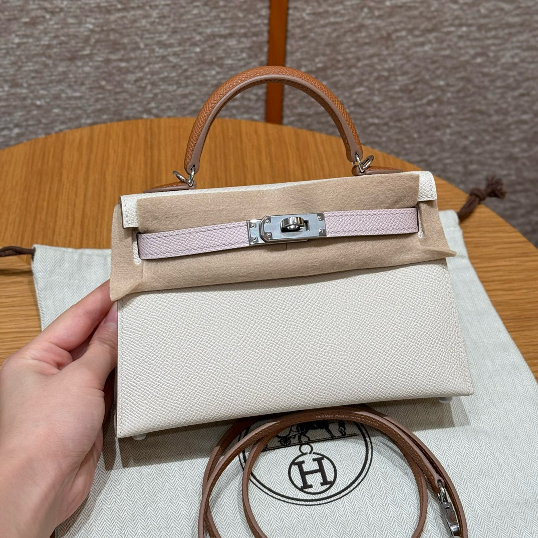 에르메스 Hermes Mini Kelly 19cm Epsom 10 Craie 09 Mauve pale and 37 Gold/silver
