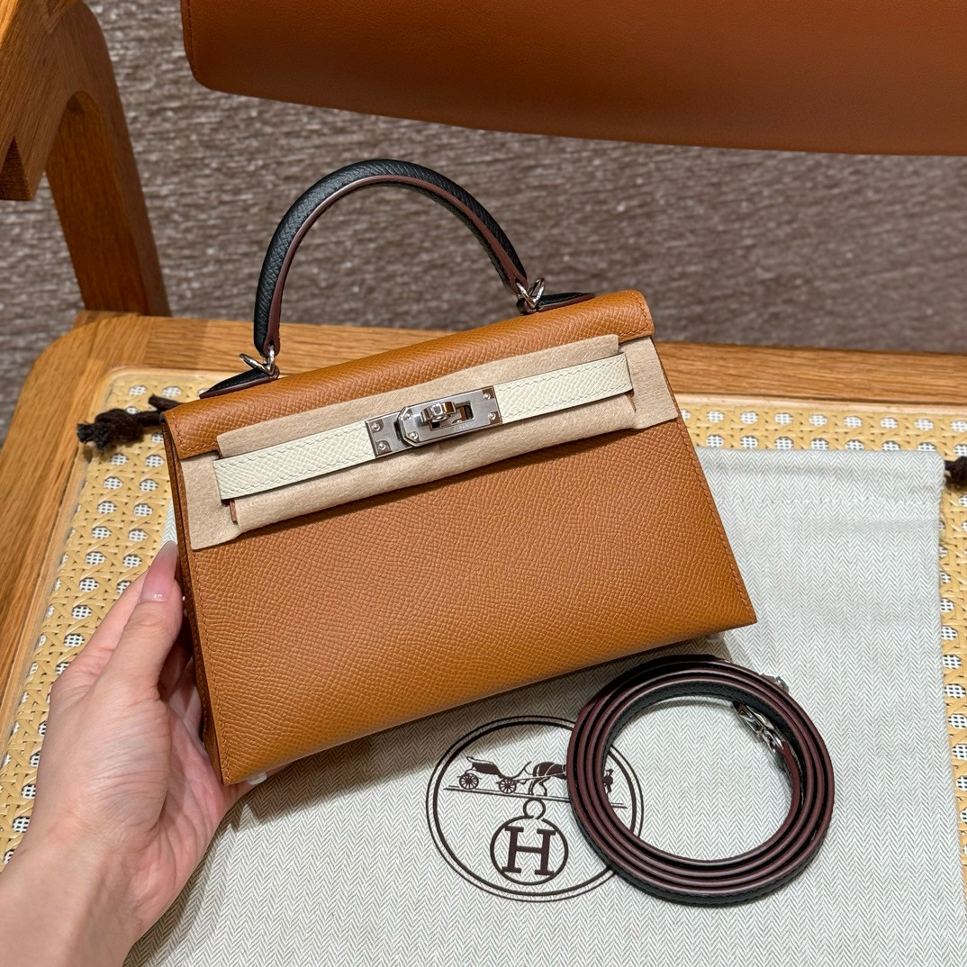 에르메스 Hermes Mini Kelly 19cm Epsom 37 Gold 10 Craie 89 Noir 71 Blue France/silver