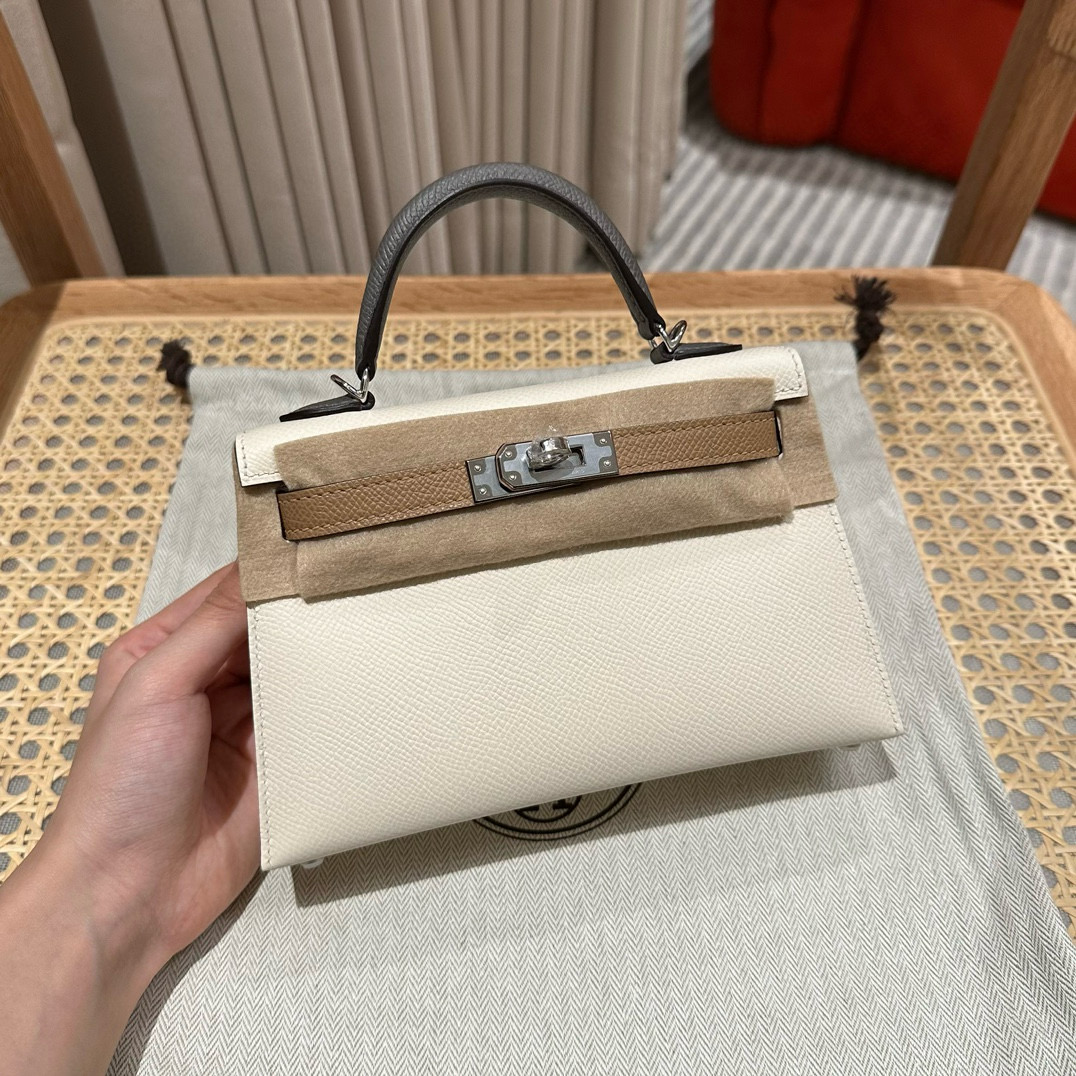 에르메스 Hermes Mini Kelly 19cm Epsom i2 Nata 0M Chai 0L Gris Meyer/silver