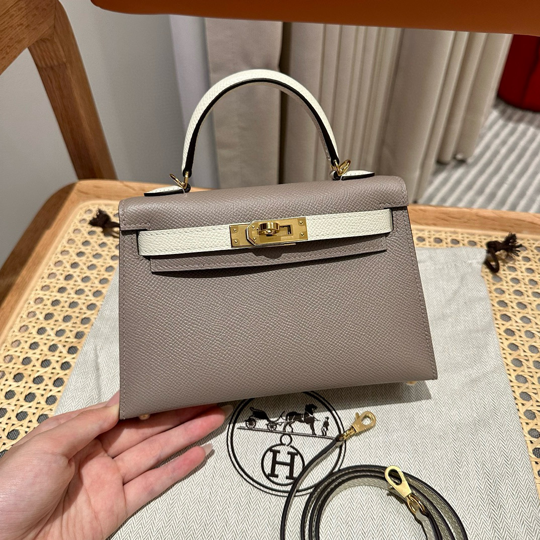 에르메스 Hermes Mini Kelly 19cm Epsom M8 Gris Asphalte and 10 Craie/gold