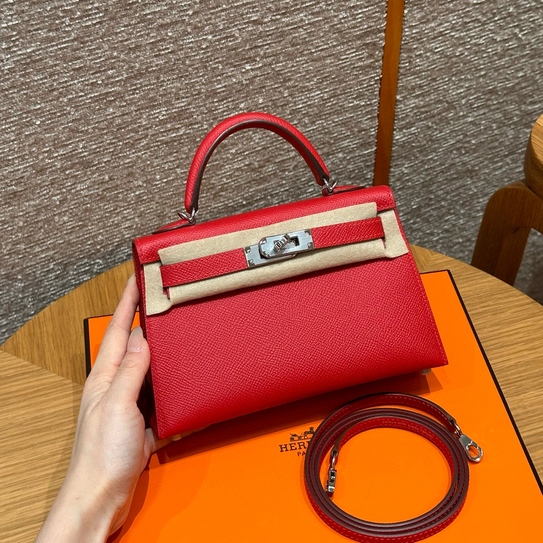 에르메스 Hermes Mini Kelly 19cm Epsom Q5 Rouge casaque/silver