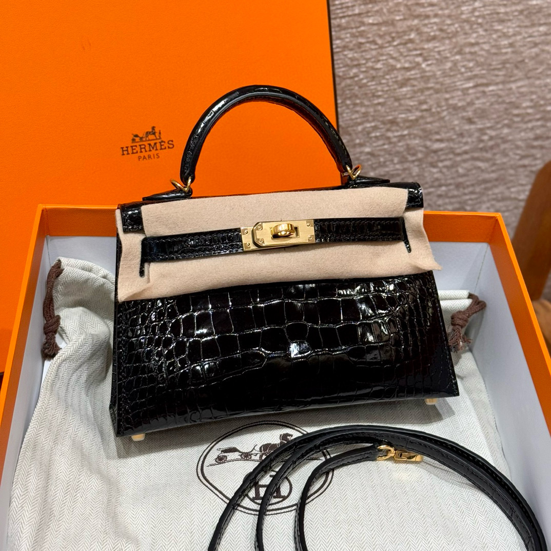 에르메스 Hermes Mini Kelly 19cm Alligator 89 Noir/gold
