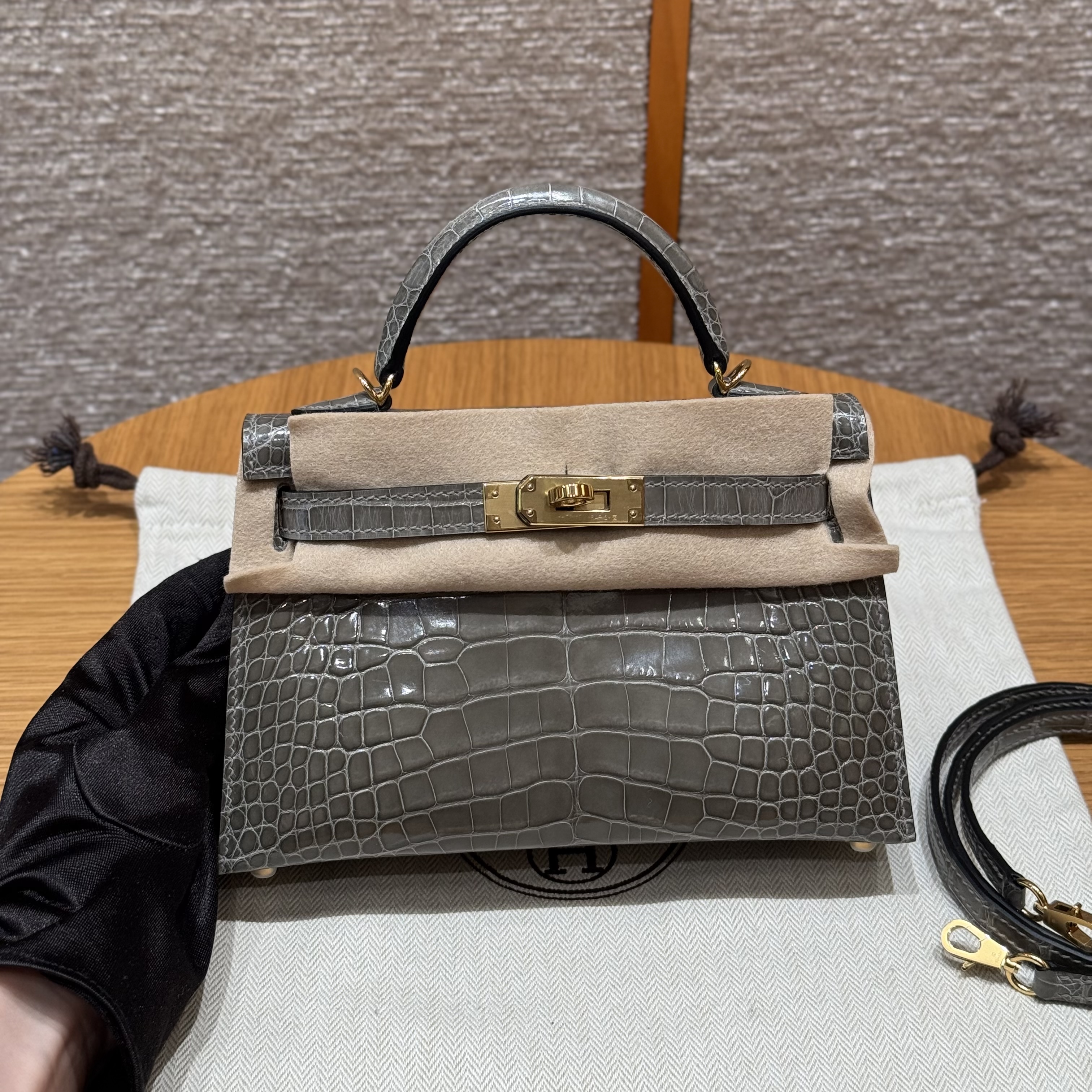 에르메스 Hermes Mini Kelly 19cm Bright faced America Alligator 81 Girs Tourerlle/gold