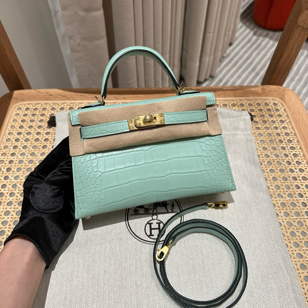 에르메스 Hermes Mini Kelly 19cm Crocodile Alligator 6U Vert D'Eau/gold