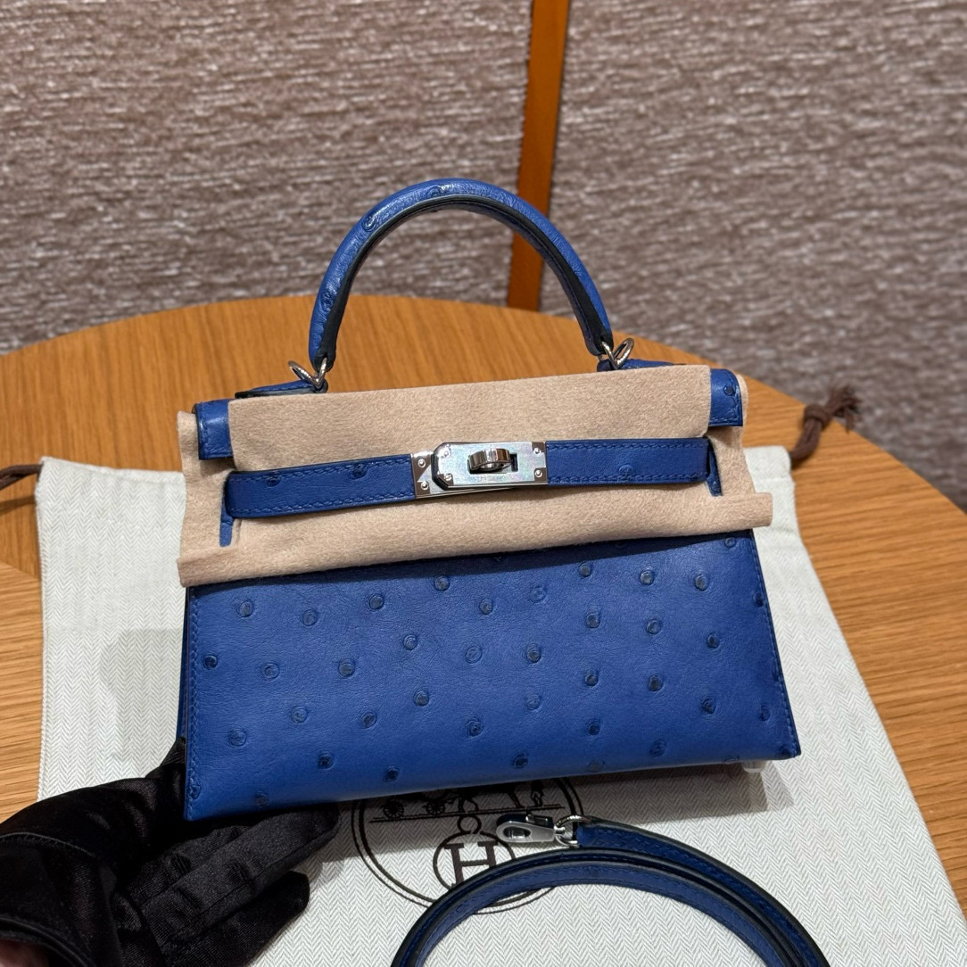 에르메스 Hermes Mini Kelly 19cm KK ostrich 74 Blue roy/silver